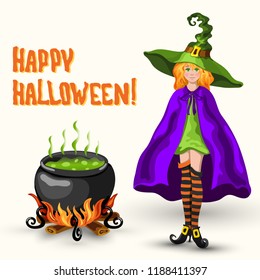 Cartoon style vector young witch in the green hat, magic cauldron with boiling poison and Halloween title isolated on the white background