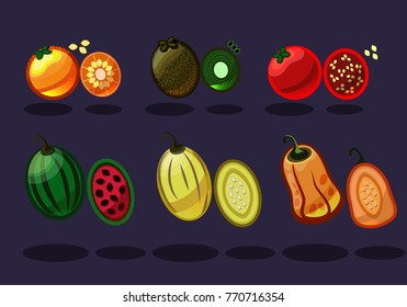 Cartoon style vegetables and fruits isolated in blue; vector set of food icons; game elements for design; vegetarian set of food; planty food; tomato; orange; kiwi; pumpkin; melon; watermelon.
