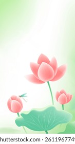 Cartoon style vertical illustration of dragonflies standing on lotus flowers