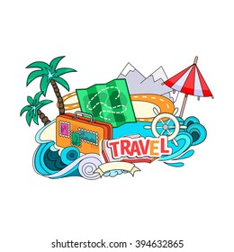 Cartoon style. Voyage and travel. Ship with sun and the sea. Vacation vector illustration