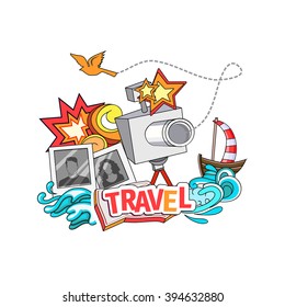 Cartoon style. Voyage and travel. Ship with sun and the sea. Vacation vector illustration