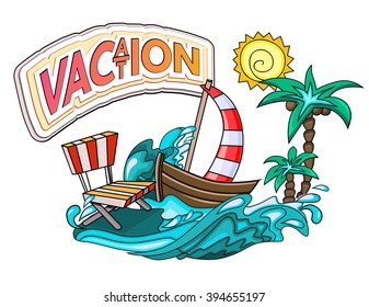 Cartoon style. Voyage and travel. Ship with sun and the sea. Vacation vector illustration