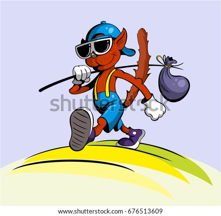 Cartoon style walking cat with the bag.