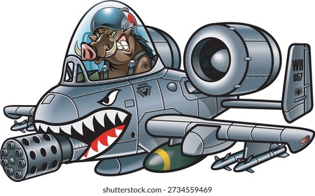 Cartoon style warthhog pilot flying fighter aircraft                                                        