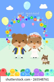 cartoon style wedding bears bride and groom/ cute little Schnauzer dog illustration/ flying balloons, flora wreath and colorful flower