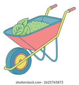 a cartoon style wheelbarrow filled with dirt and foliage on a white background