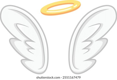 Cartoon style white feathered angel wings and a golden halo float against a white background, symbolizing purity, innocence, and divine presence