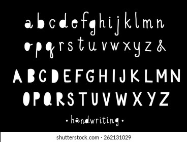 cartoon style white hand drawn writing drawing alphabets english doodle set on black background, lowercase and uppercase, illustration vector 