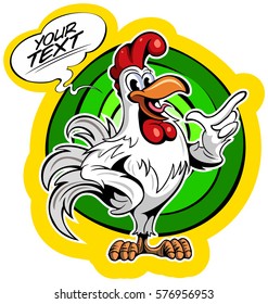 Cartoon style white rooster with the comics text box