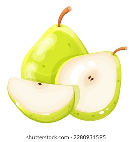 Cartoon style whole pear with small and big pear  slices.