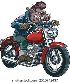 Estilo de dibujos animados de cerdo salvaje en una motocicleta vintage                                                                    