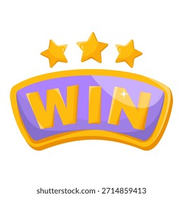 Insignia de WIN de estilo de dibujos animados en amarillo y púrpura con tres estrellas doradas en la parte superior, colocadas sobre un fondo blanco. Concepto de éxito y logro. Ilustración vectorial
