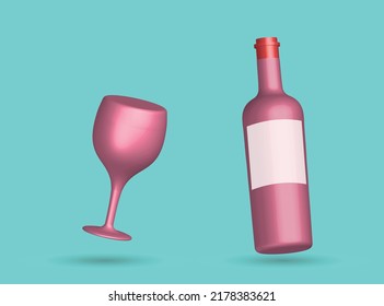 cartoon style Wine bottle with wine glass isolated. minimal concept icon. 3d rendering.