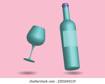 cartoon style Wine bottle with wine glass isolated. minimal concept icon. 3d rendering.