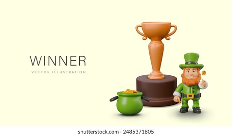 Cartoon style winner concept. Metal award on stand, smiling leprechaun