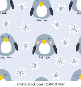 Cartoon style winter penguins with snowflakes seamless pattern. Perfect for T-shirt, textile and prints. Hand drawn vector illustration for decor and design.