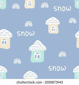 Estilo de caricatura de invierno sin fisuras con casas, nevadas y mensaje NIEVE. Perfecto para camisetas, textiles e impresiones. Ilustración vectorial dibujada a mano para la decoración y el diseño.


