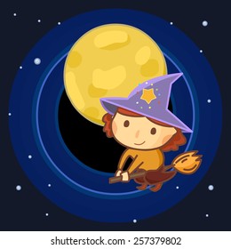 cartoon style witch girl flying on a broom / dark night scene and a full moon / Halloween