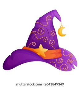 Cartoon style witch hat vector illustration decorated with star and moon. Magical accessory with cute fantasy elements. Halloween, children’s designs, stickers, and themed decor object.