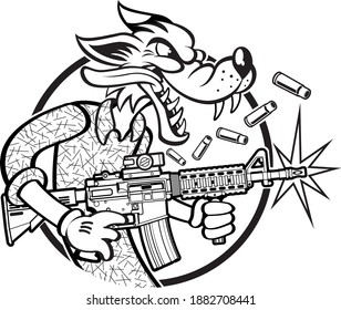 Cartoon Style Wolf Firing Ar-15 Automatic Assault Rifle