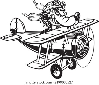 Cartoon style wolf flying retro style fighter plane