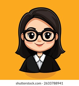 Cartoon style woman with black hair, wearing black framed glasses and a black suit with a white collared shirt, smiling.