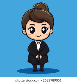 Cartoon style woman with brown hair in a bun, wearing a black suit and white shirt, standing straight with a smile.