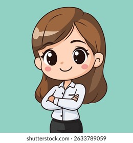Cartoon style woman with brown hair, wearing a white collared shirt and black pants, arms crossed and smiling.