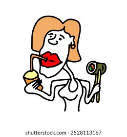 Cartoon style, a woman drinks a drink and eats a roll