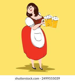 Mujer de estilo de dibujos animados con atuendo tradicional bávaro, camarera con dos tazas de cerveza espumosas sobre fondo amarillo. Concepto de Oktoberfest, festival, vacaciones, cervecería. Ilustración vectorial