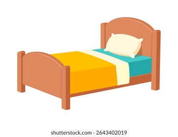 Cartoon style wooden bed with yellow blanket, blue sheet, white pillow illustration
