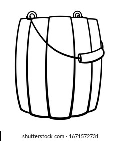 Cartoon style wooden bucket with a handle in black lines isolated illustration. Bucketful for bathhouse and sauna. White background, vector.