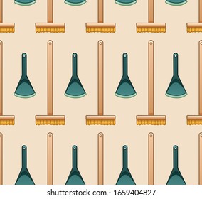 Cartoon style wooden mops with brushes and blue plastic dustpans for cleaning seamless pattern. Beige background, vector.