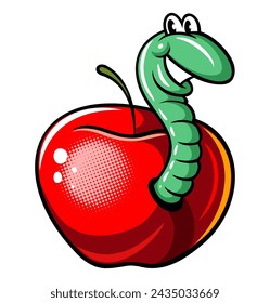 Cartoon style worm coming out of an apple. Vector illustration. Isolated on white background.