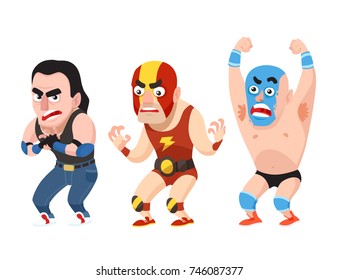 Cartoon Style Wrestlers Characters Set. Vector Illustration