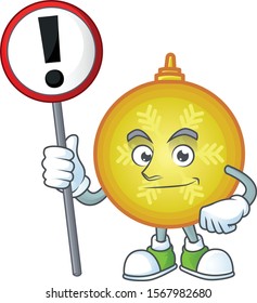 Cartoon style of yellow christmas ball with sign in his hand.