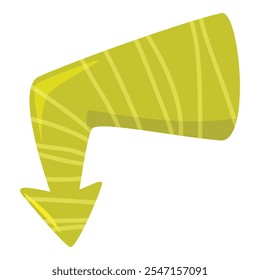 Cartoon style yellow downward pointing arrow with diagonal stripes, suitable for various design projects