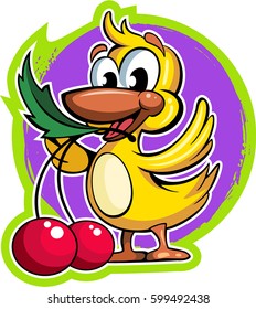 Cartoon style yellow duckling with the two cherries