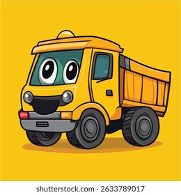 Um caminhão de despejo amarelo estilo cartoon com olhos grandes e expressivos, contornos pretos e pneus cinzas. O caminhão tem uma aparência amigável e animada.