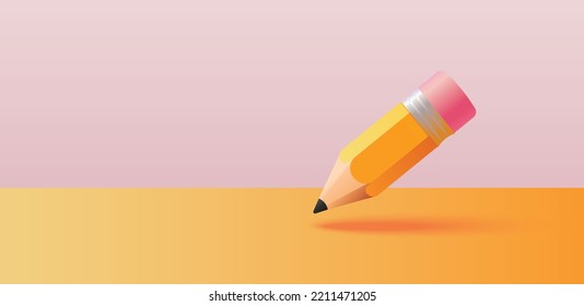 lápiz amarillo estilo caricatura, diseño minimalista con espacio de copia. escritura, blog, concepto educativo. Ilustración 3d, ilustración vectorial