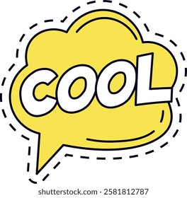 Cartoon style yellow thought bubble with a dashed outline containing the word COOL in large, bold, white letters, conveying a sense of admiration or approval