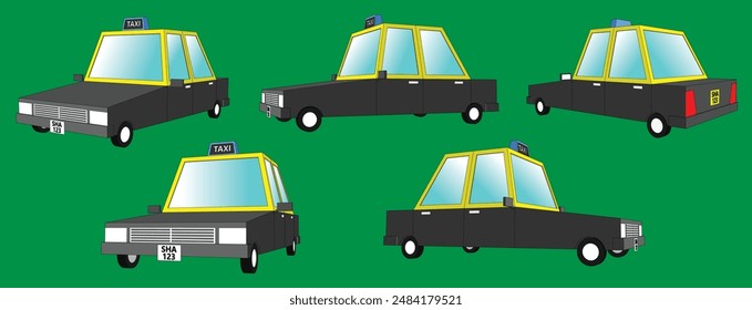 Cartoon style yellow-top taxis. They are easily identifiable by their yellow roofs and black bodies, making them a distinct and familiar sight on the streets.