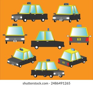 Cartoon style yellow-top taxis. They are easily identifiable by their yellow roofs and black bodies, making them a distinct and familiar sight on the streets.