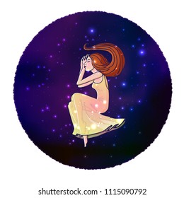 Cartoon style young woman in long transparent dress flying in space. Isolated on white. Stock Vector illustration.