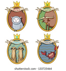 cartoon style zodiac signs: Aries, Taurus, Gemini, Cancer