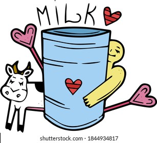 Cartoon Style.Cozy Home.A Glass Of Milk,a Gingerbread Man,a Cow.Cafe And Menu.Advertising And Business.Single Element For Design.Clipart.Postcard,sticker,advertising. Pastel Colors.