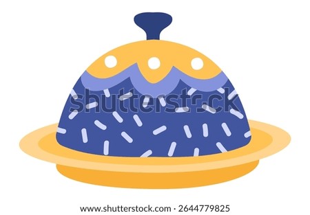 Cartoon styled covered serving dish with blue body and gold lid and plate, decorated with white sprinkles and dots, isolated on white background