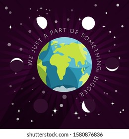 Cartoon styled Earth globe with Moon phases on starry dark space. Colorful conceptual vector illustration on sacred geometry theme