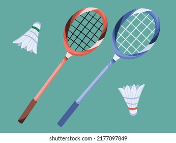 Cartoon styled red and blue badminton racquet and shuttlecock ball with green background. Vector illustration of sport equipment with flat style art drawing.