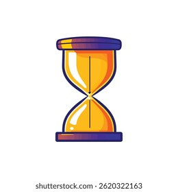 Cartoon styled sandglass icon illustration with gradient yellow sand and purple outlined border, on transparent background, for abstract design.
